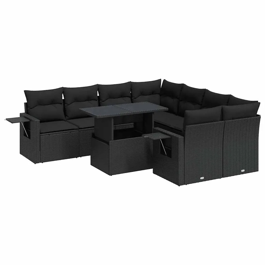 Salon de jardin 9 pcs avec coussins noir résine tressée - 2
