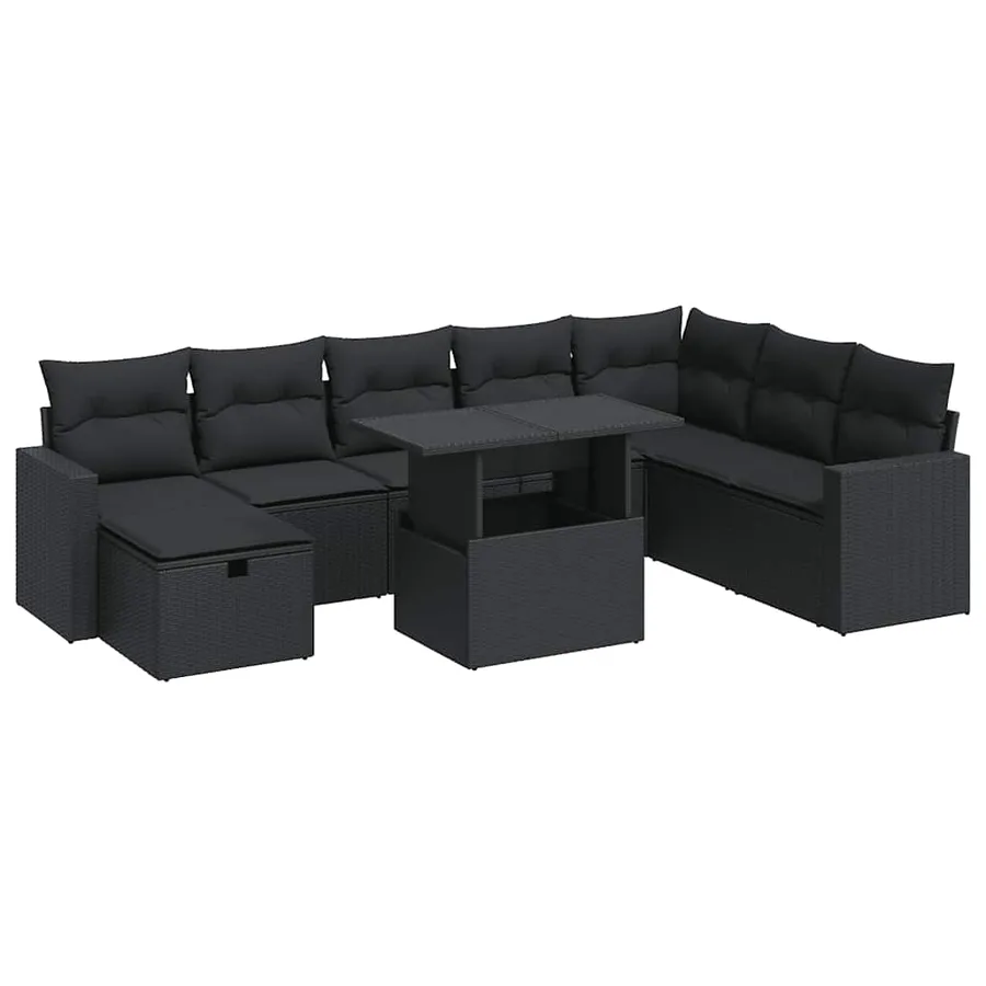 Salon de jardin 9 pcs avec coussins noir résine tressée - 2