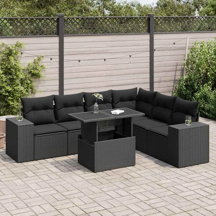 Salon de jardin 7 pcs avec coussins noir résine tressée 62 x 62 x 69 cm - 70,4 kg