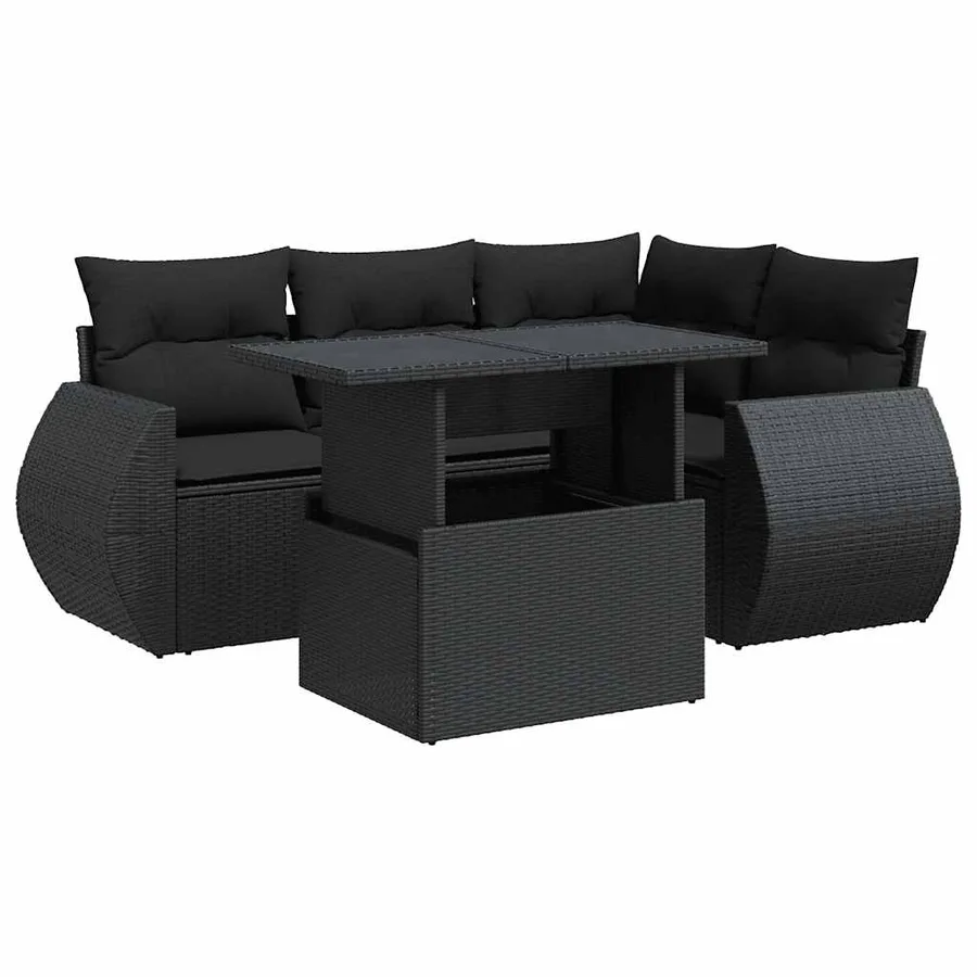 Salon de jardin 5 pcs avec coussins noir résine tressée - 2