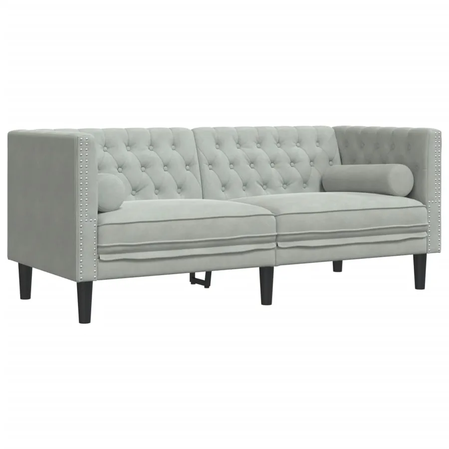Canapé Chesterfield avec traversins 2 places gris clair velours - 2