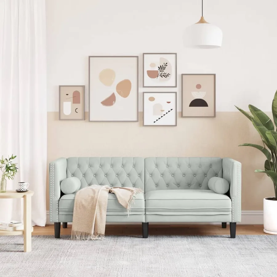 Canapé Chesterfield avec traversins 2 places gris clair velours - 3