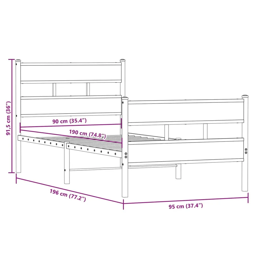 Cadre de lit en métal sans matelas chêne fumé 90x190 cm - 9