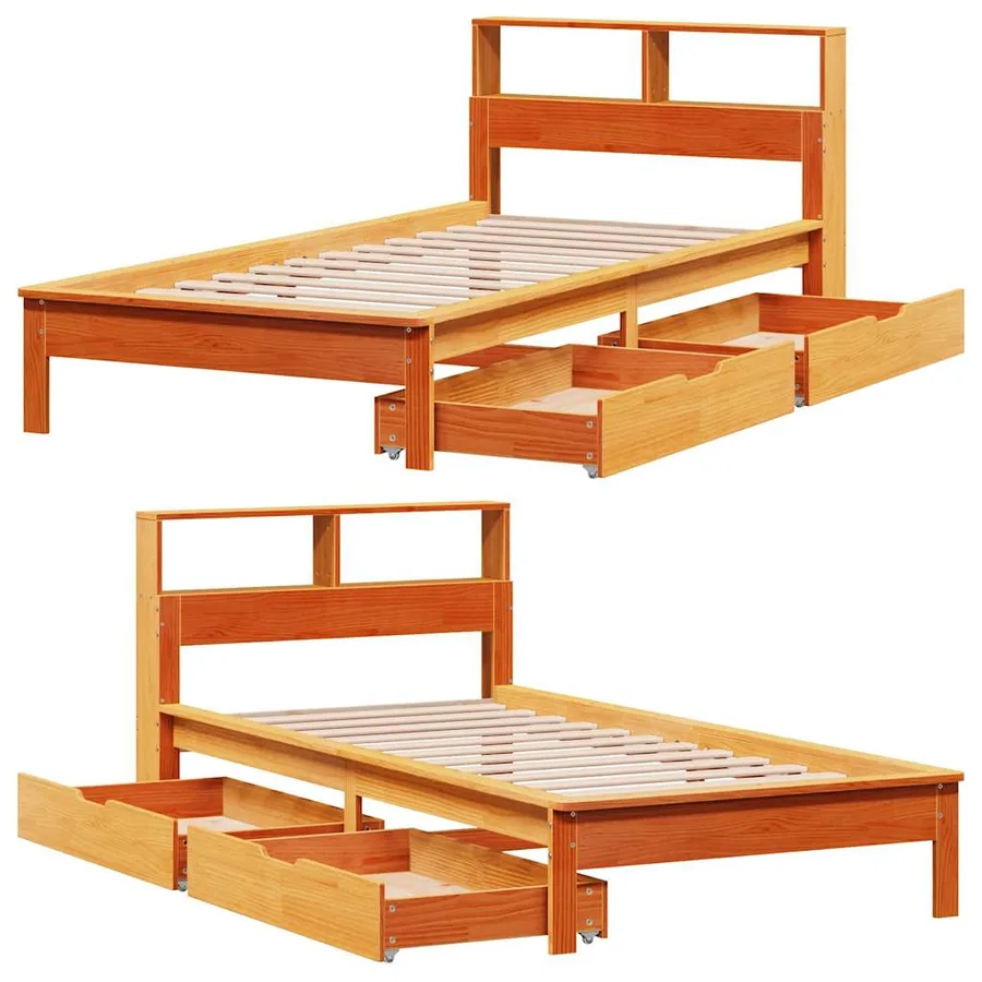Lit bibliothèque sans matelas cire marron 90x190 cm pin massif - 9