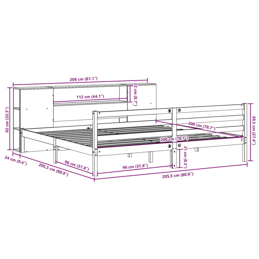 Lit bibliothèque sans matelas blanc 200x200 cm bois pin massif - 11
