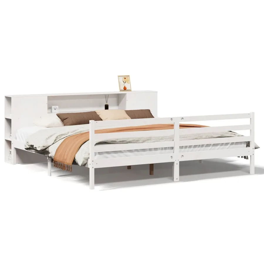 Lit bibliothèque sans matelas blanc 200x200 cm bois pin massif - 2