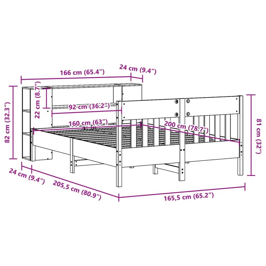 Lit bibliothèque sans matelas blanc 160x200 cm bois pin massif - 12