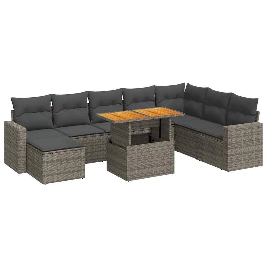 Salon de jardin 9 pcs avec coussins gris résine tressée - 2
