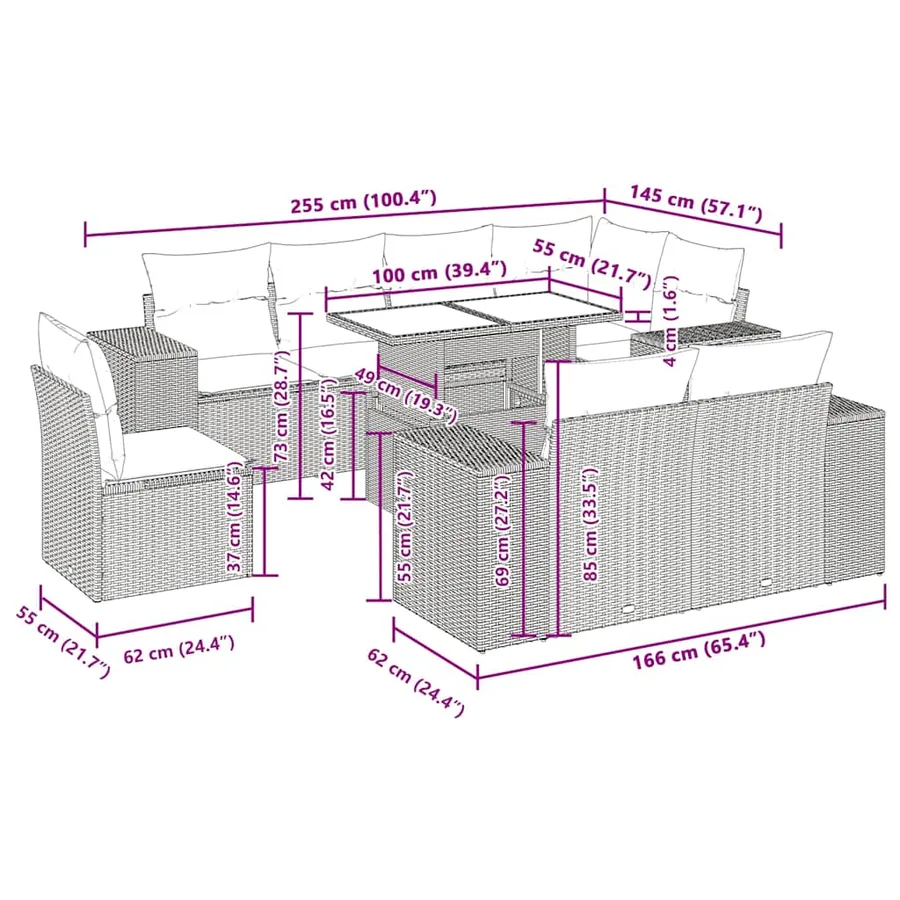 Salon de jardin 7 pcs avec coussins noir résine tressée 62 x 62 x 69 cm - 71,0 kg - 15