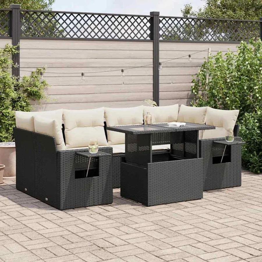 Salon de jardin 7 pcs avec coussins noir résine tressée 55 x 62 x 69 cm - 71,7 kg