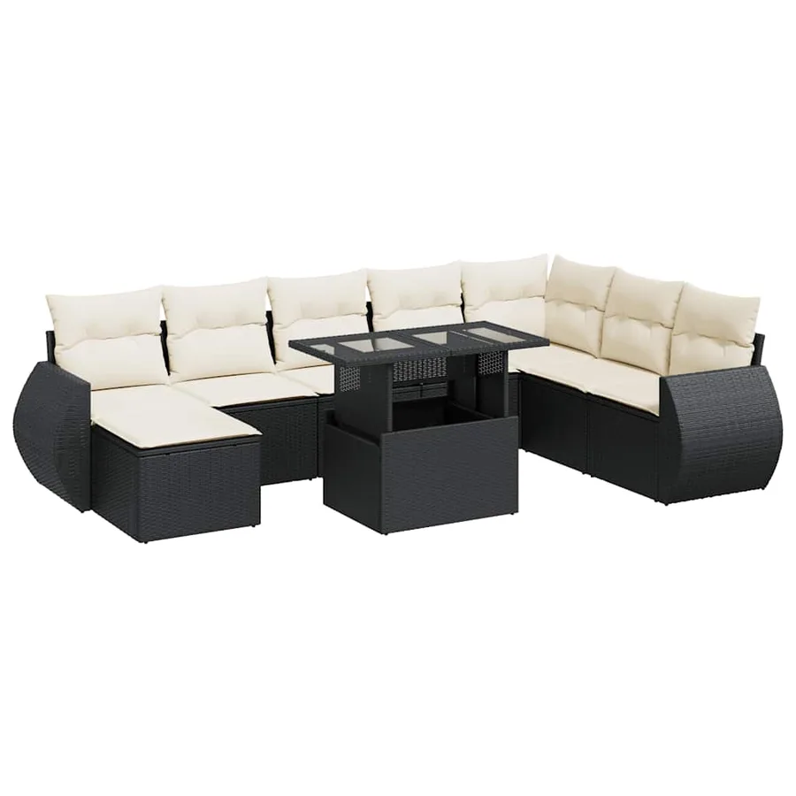 Salon de jardin 9 pcs avec coussins noir résine tressée - 2