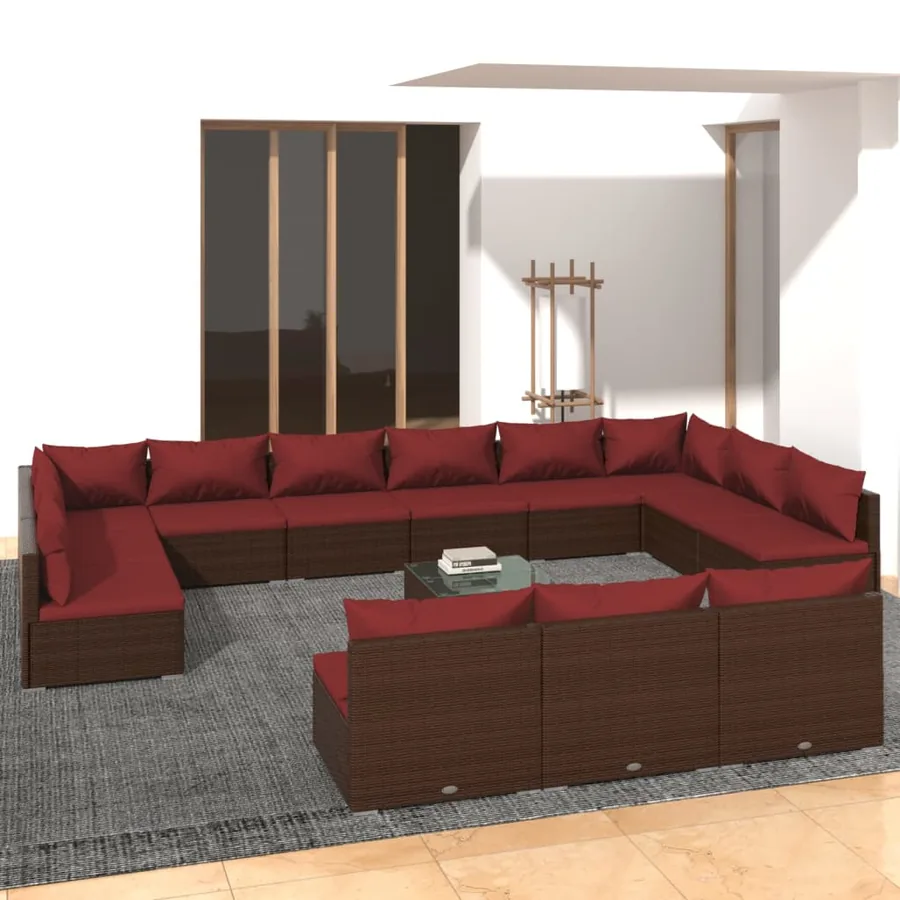Salon de jardin 14 pcs avec coussins Marron Résine tressée