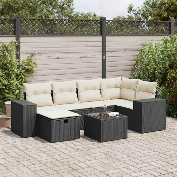 Salon de jardin 7 pcs avec coussins noir résine tressée 93 x 62 x 69 cm - 63,4 kg
