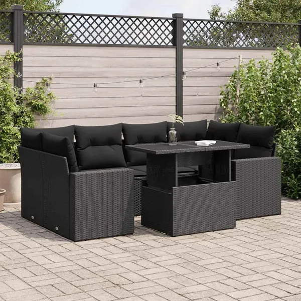 Salon de jardin 7 pcs avec coussins noir résine tressée 55 x 62 x 69 cm - 70,0 kg