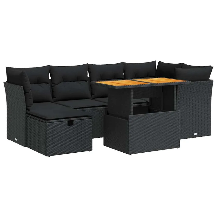 Salon de jardin avec coussins 7 pcs noir résine tressée acacia - 2