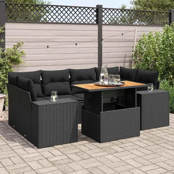 Salon de jardin 7 pcs avec coussins noir résine tressée 62 x 62 x 69 cm - 71,6 kg
