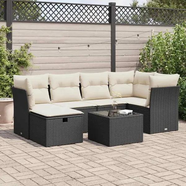 Salon de jardin 7 pcs avec coussins noir résine tressée 62 x 62 x 69 cm - 60,9 kg
