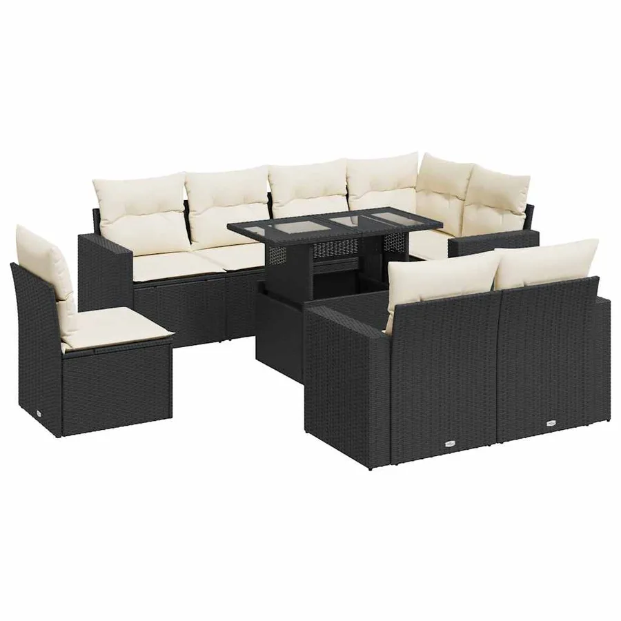 Salon de jardin 9 pcs avec coussins noir résine tressée - 2