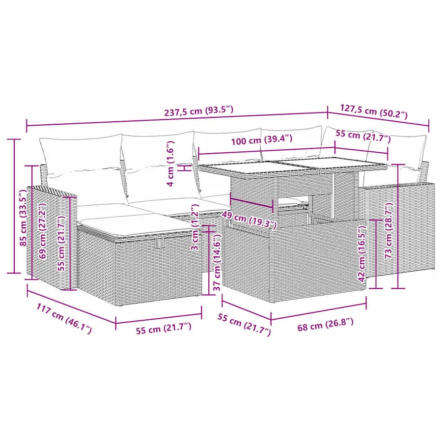 Salon de jardin 7 pcs avec coussins noir résine tressée 62 x 62 x 69 cm - 67,8 kg - 17