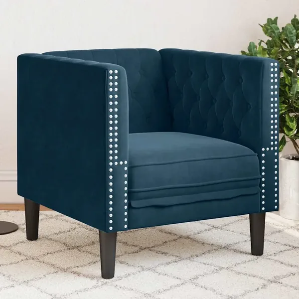 Fauteuil Chesterfield bleu velours