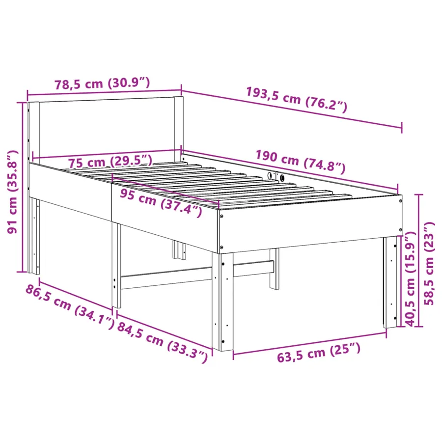 Cadre de lit sans matelas blanc 75x190 cm bois de pin massif - 9