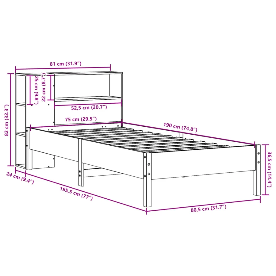 Lit bibliothèque sans matelas 75x190 cm bois de pin massif - 11