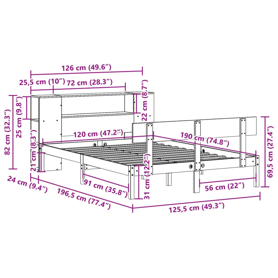 Lit bibliothèque sans matelas blanc 120x190 cm bois pin massif - 11