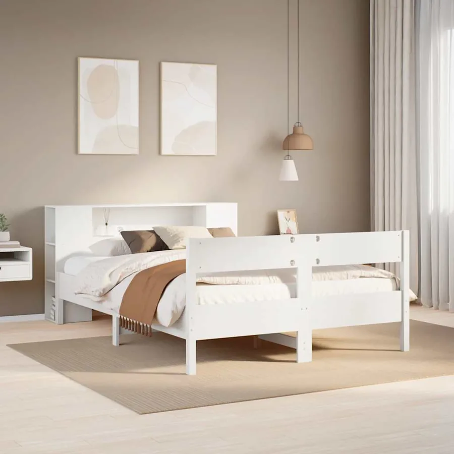Lit bibliothèque sans matelas blanc 150x200 cm bois pin massif