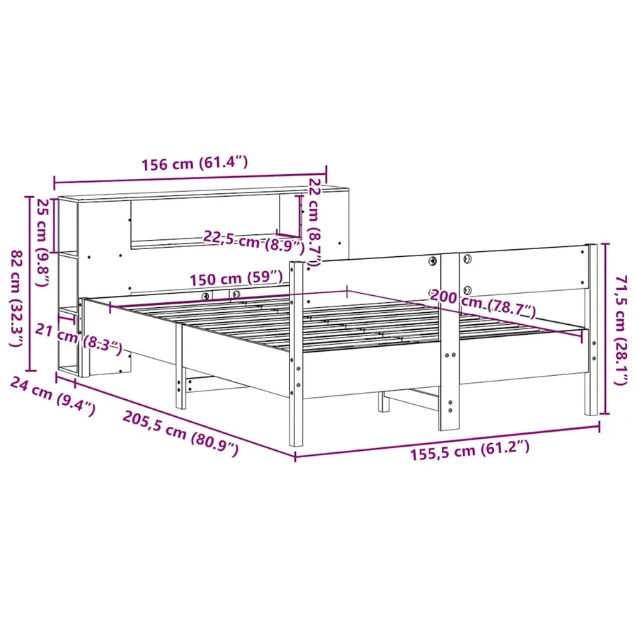 Lit bibliothèque sans matelas blanc 150x200 cm bois pin massif - 12