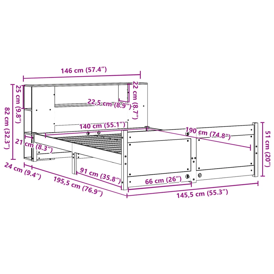 Lit bibliothèque sans matelas blanc 140x190 cm bois pin massif - 11