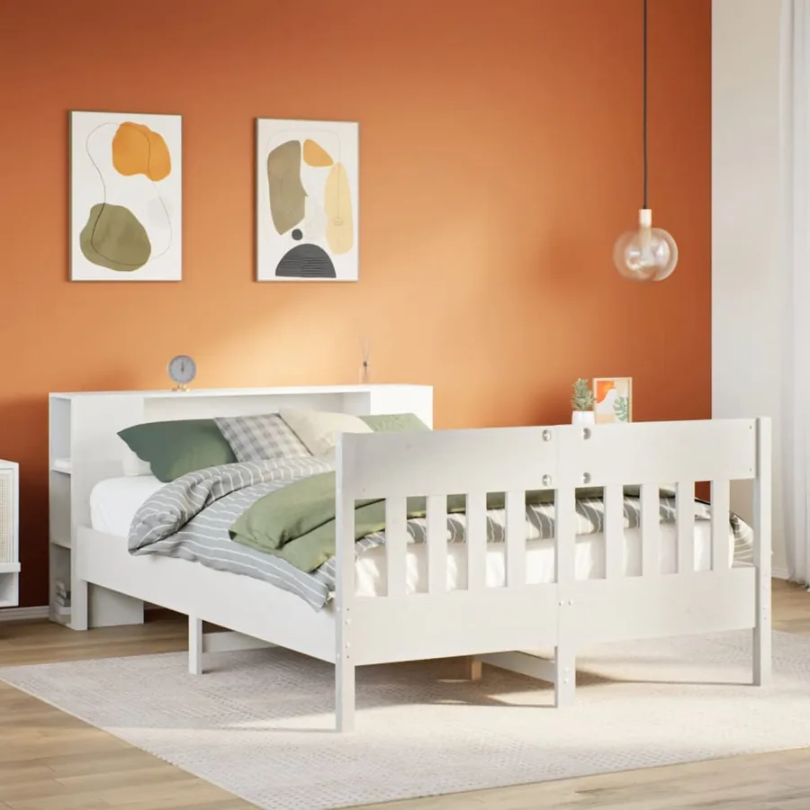 Lit bibliothèque sans matelas blanc 140x190 cm bois pin massif