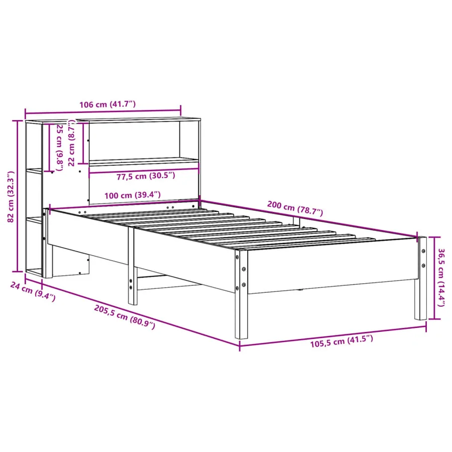 Lit bibliothèque sans matelas cire marron 100x200 cm pin massif - 11