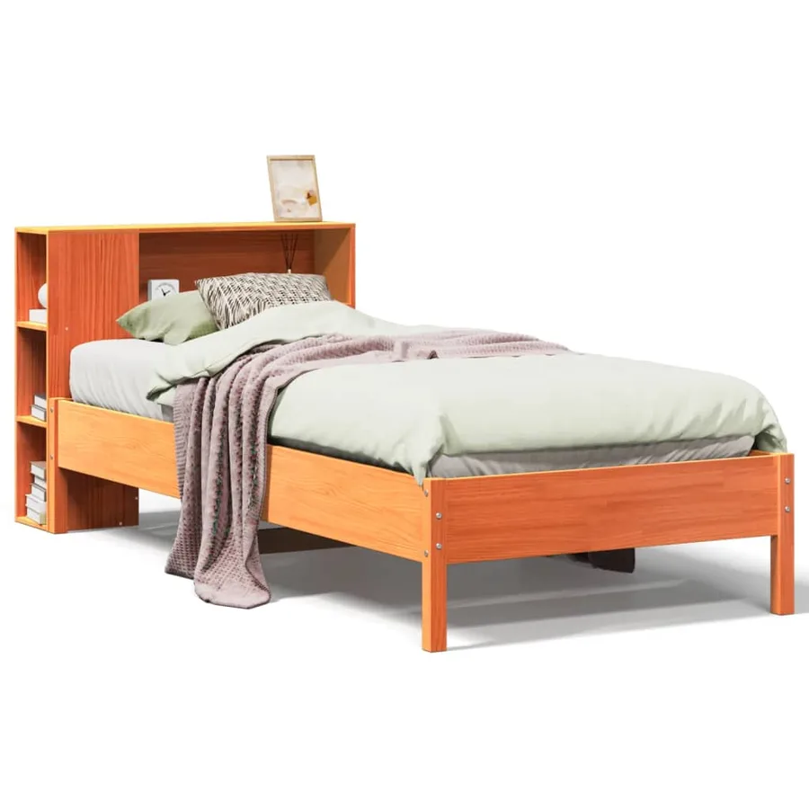 Lit bibliothèque sans matelas cire marron 100x200 cm pin massif - 2