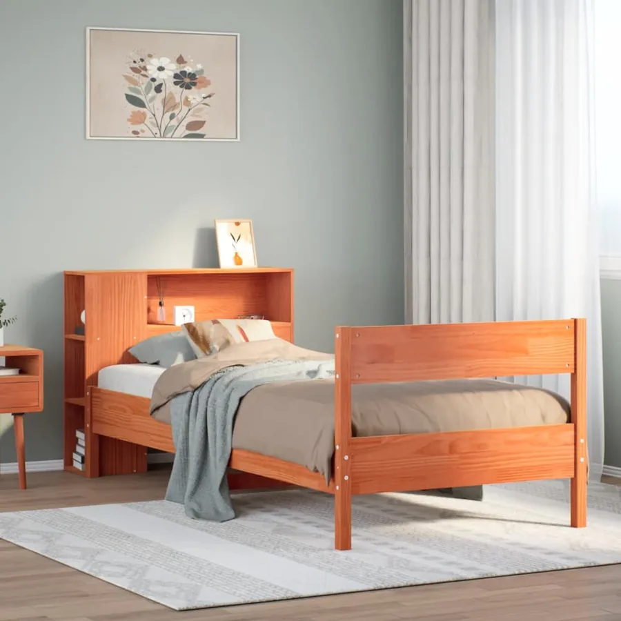 Lit bibliothèque sans matelas cire marron 100x200 cm pin massif