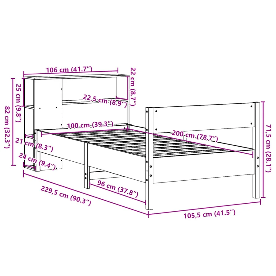 Lit bibliothèque sans matelas cire marron 100x200 cm pin massif - 12
