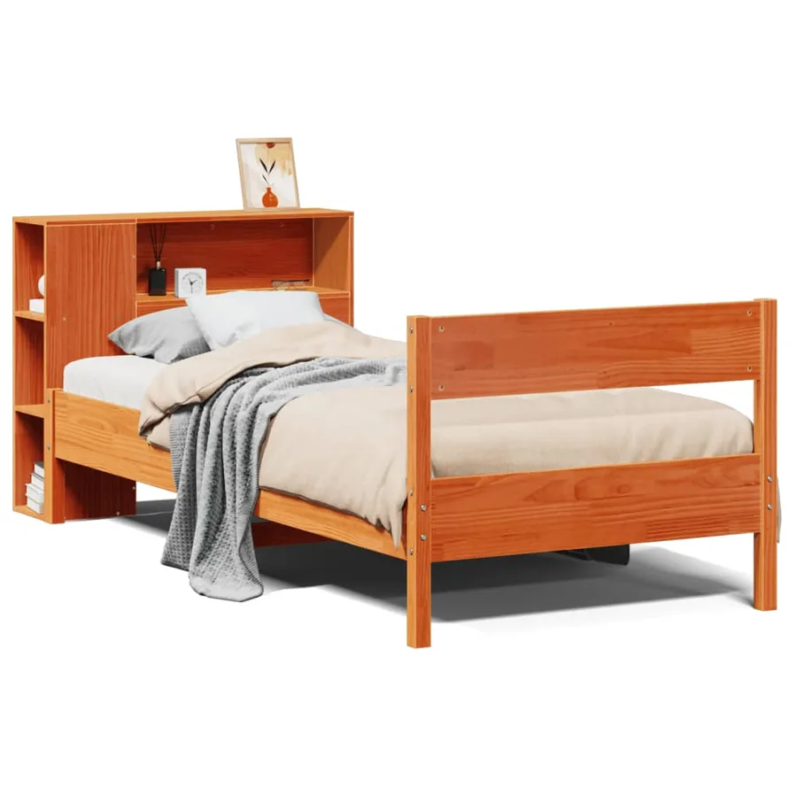 Lit bibliothèque sans matelas cire marron 100x200 cm pin massif - 2