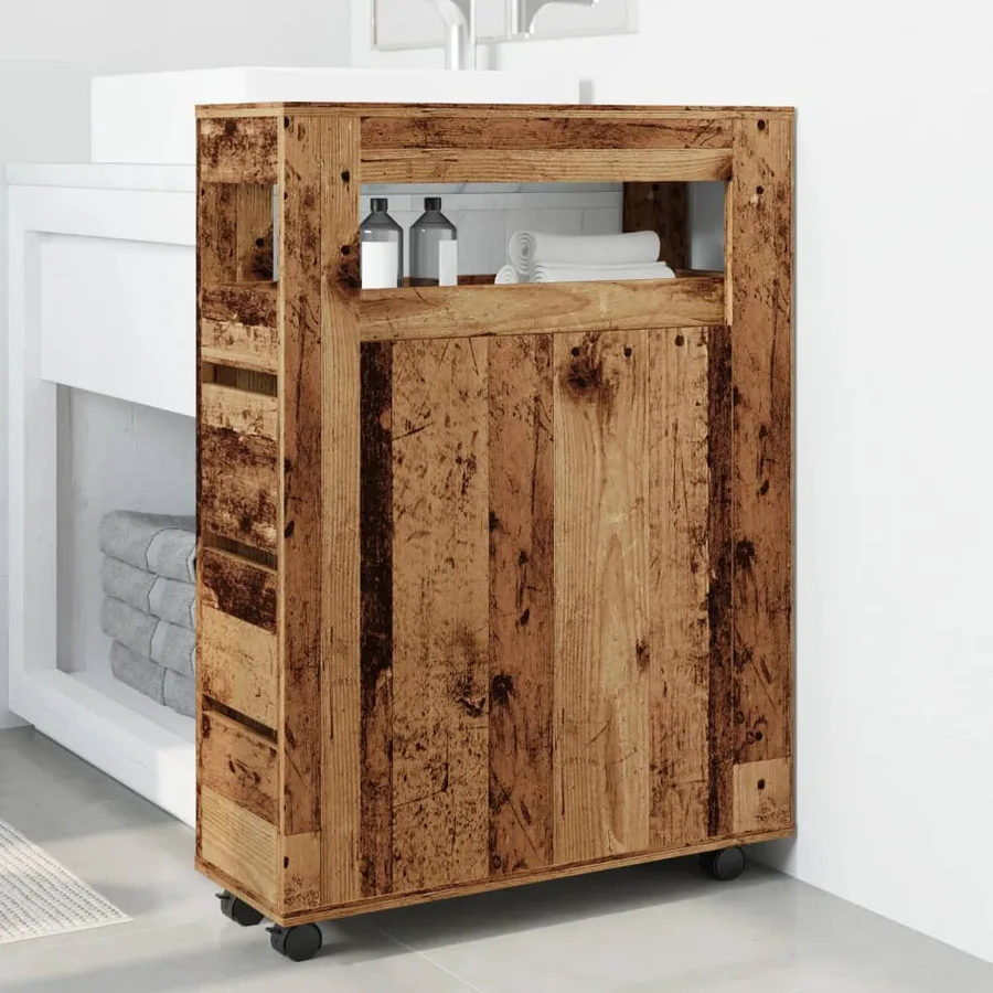 Meuble étroit de salle de bain à roulettes vieux bois - 3