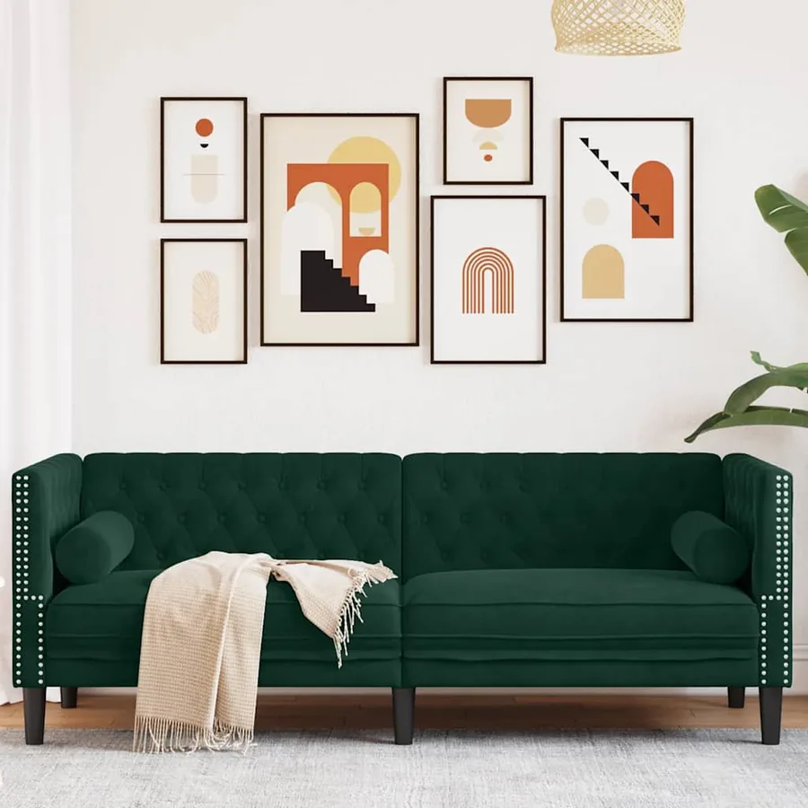 Canapé Chesterfield avec traversins 3 places vert foncé velours