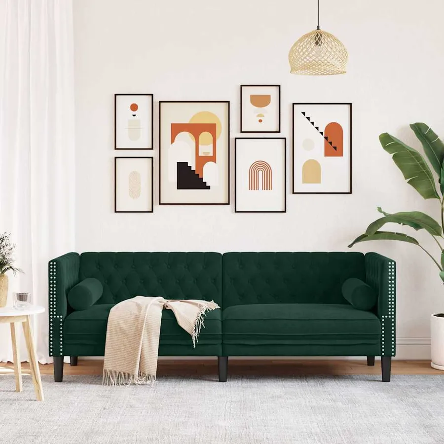 Canapé Chesterfield avec traversins 3 places vert foncé velours - 3