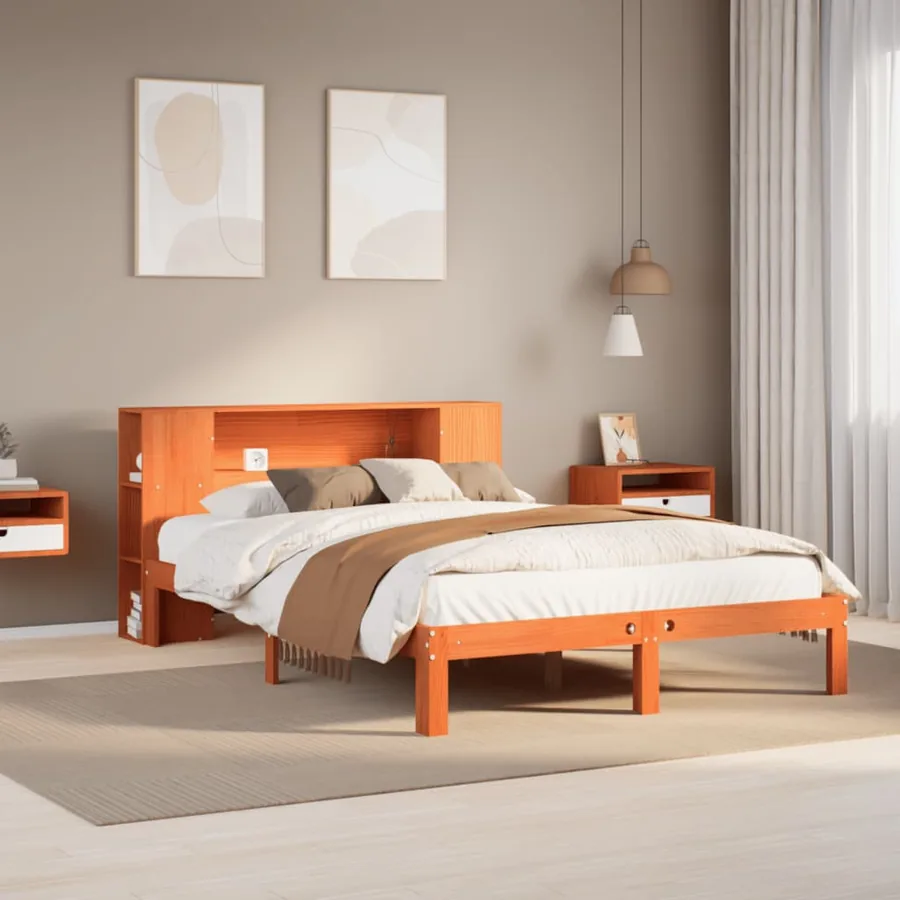 Lit bibliothèque sans matelas cire marron 140x190 cm pin massif