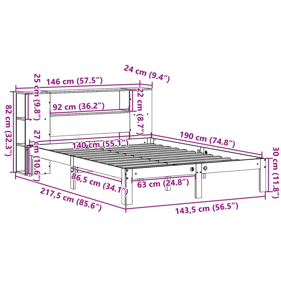 Lit bibliothèque sans matelas cire marron 140x190 cm pin massif - 11