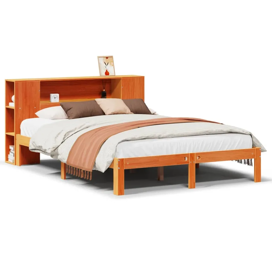 Lit bibliothèque sans matelas cire marron 140x190 cm pin massif - 2