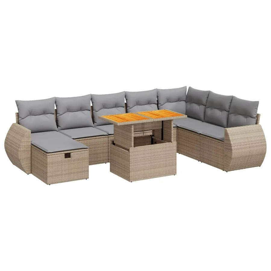 Salon de jardin avec coussins 9 pcs beige résine tressée acacia - 2