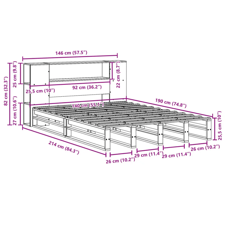 Lit bibliothèque sans matelas cire marron 140x190cm bois massif - 12