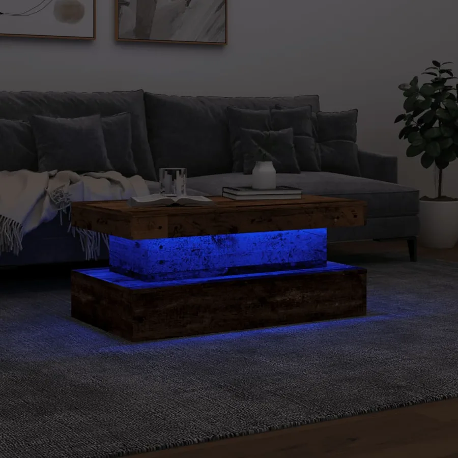 Table basse avec lumières LED vieux bois 90x50x40 cm - 5