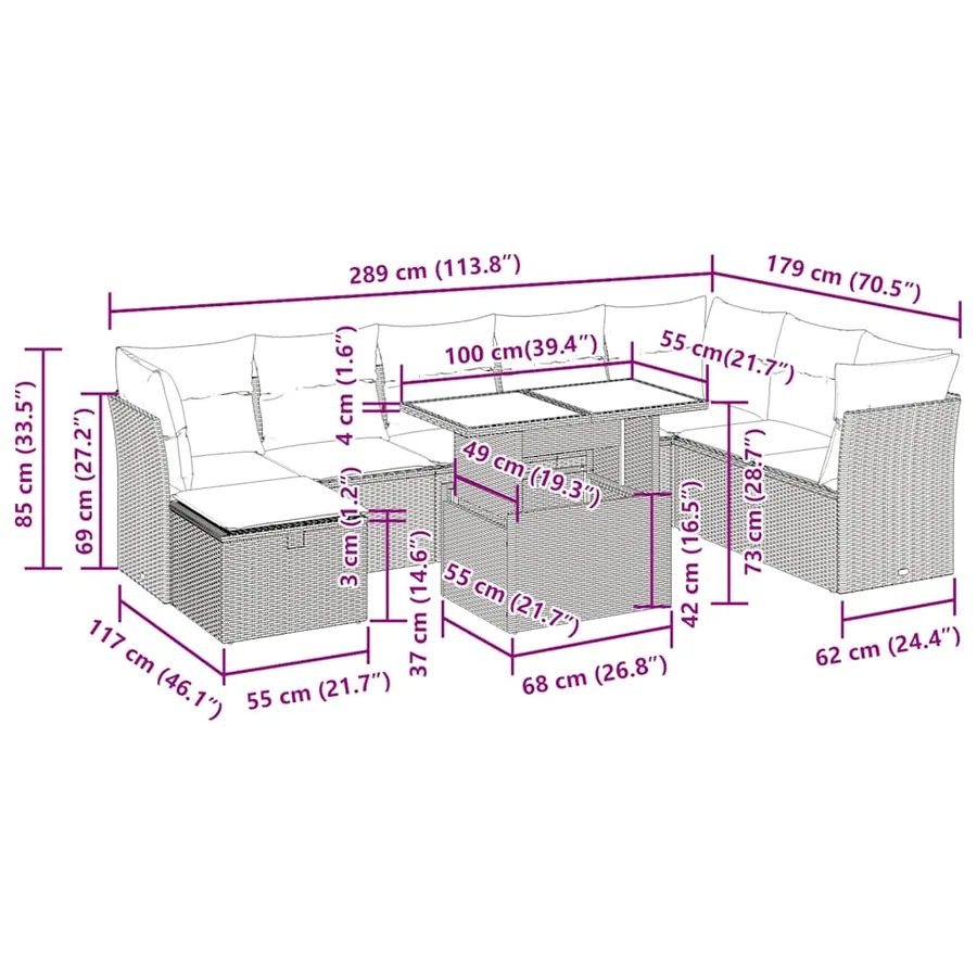 Salon de jardin avec coussins 9 pcs beige résine tressée - 13