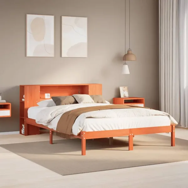 Lit bibliothèque sans matelas cire marron 135x190 cm pin massif