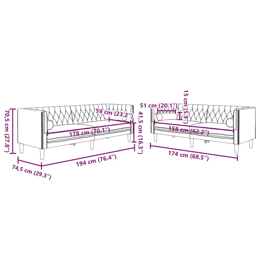 Ensemble de canapé Chesterfield et traversins 2pcs noir velours - 8