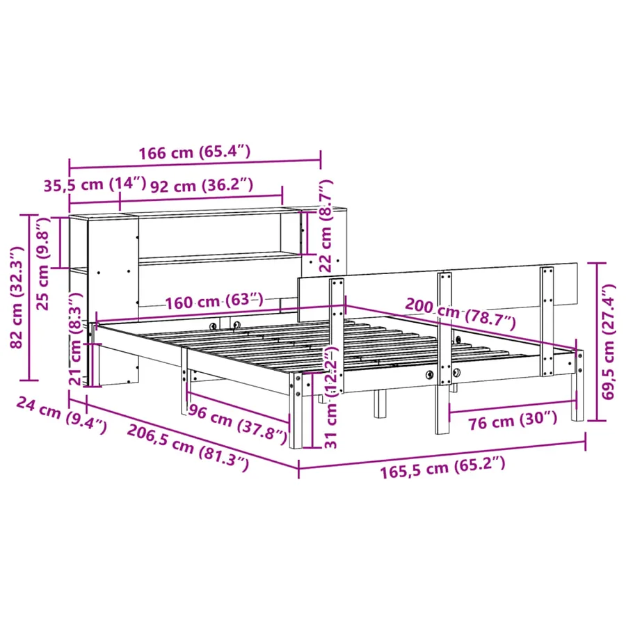 Lit bibliothèque sans matelas 160x200 cm bois massif de pin - 11