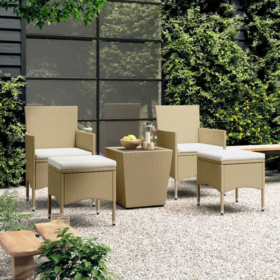 Ensemble de bistro 5 pcs Résine tressée et verre trempé Beige